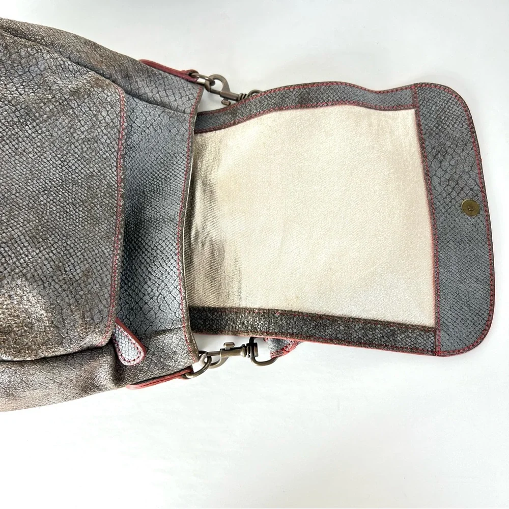 LIEBESKIND Berlin Gray Snake Print Leather Red Stitching Flap Shoulder Bag Tote